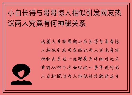 小白长得与哥哥惊人相似引发网友热议两人究竟有何神秘关系