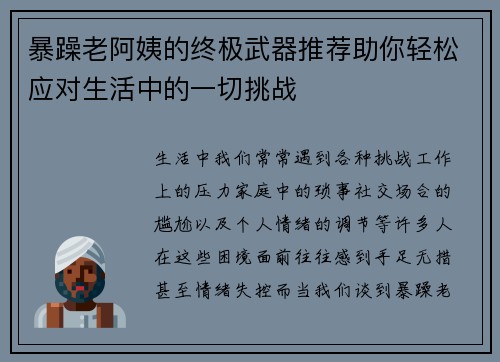 暴躁老阿姨的终极武器推荐助你轻松应对生活中的一切挑战