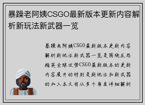 暴躁老阿姨CSGO最新版本更新内容解析新玩法新武器一览