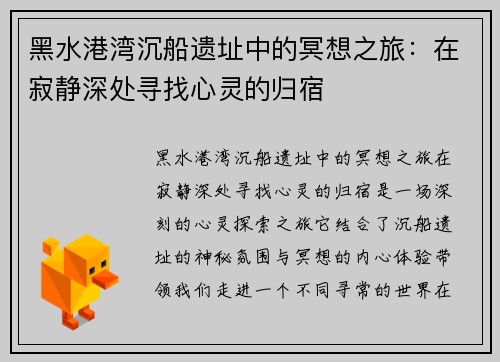 黑水港湾沉船遗址中的冥想之旅：在寂静深处寻找心灵的归宿