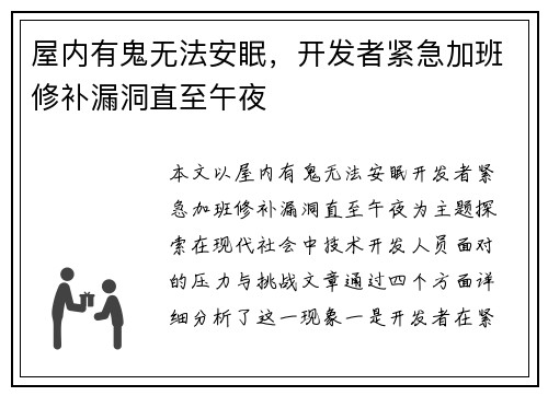 屋内有鬼无法安眠，开发者紧急加班修补漏洞直至午夜
